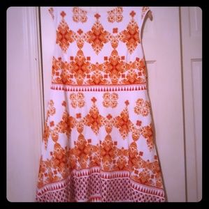 Fuchsia and Orange print midi fit and flare dress